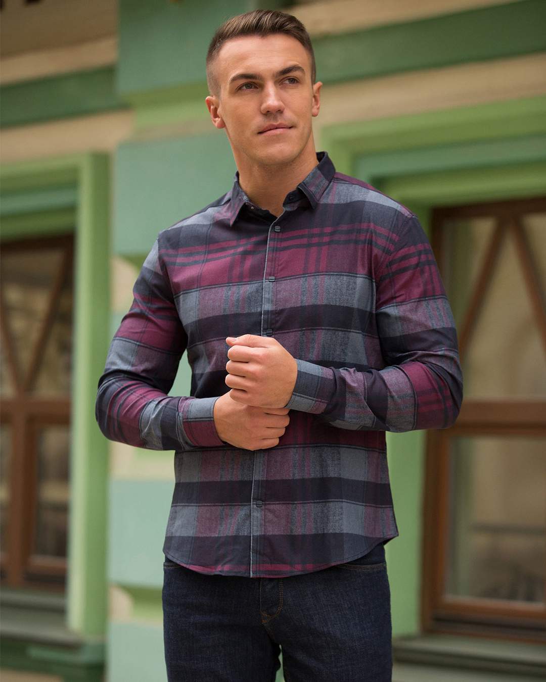 Мужская рубашка  Trend Collection 10347 Бордовый+синяя клетка V03 - Фото 1